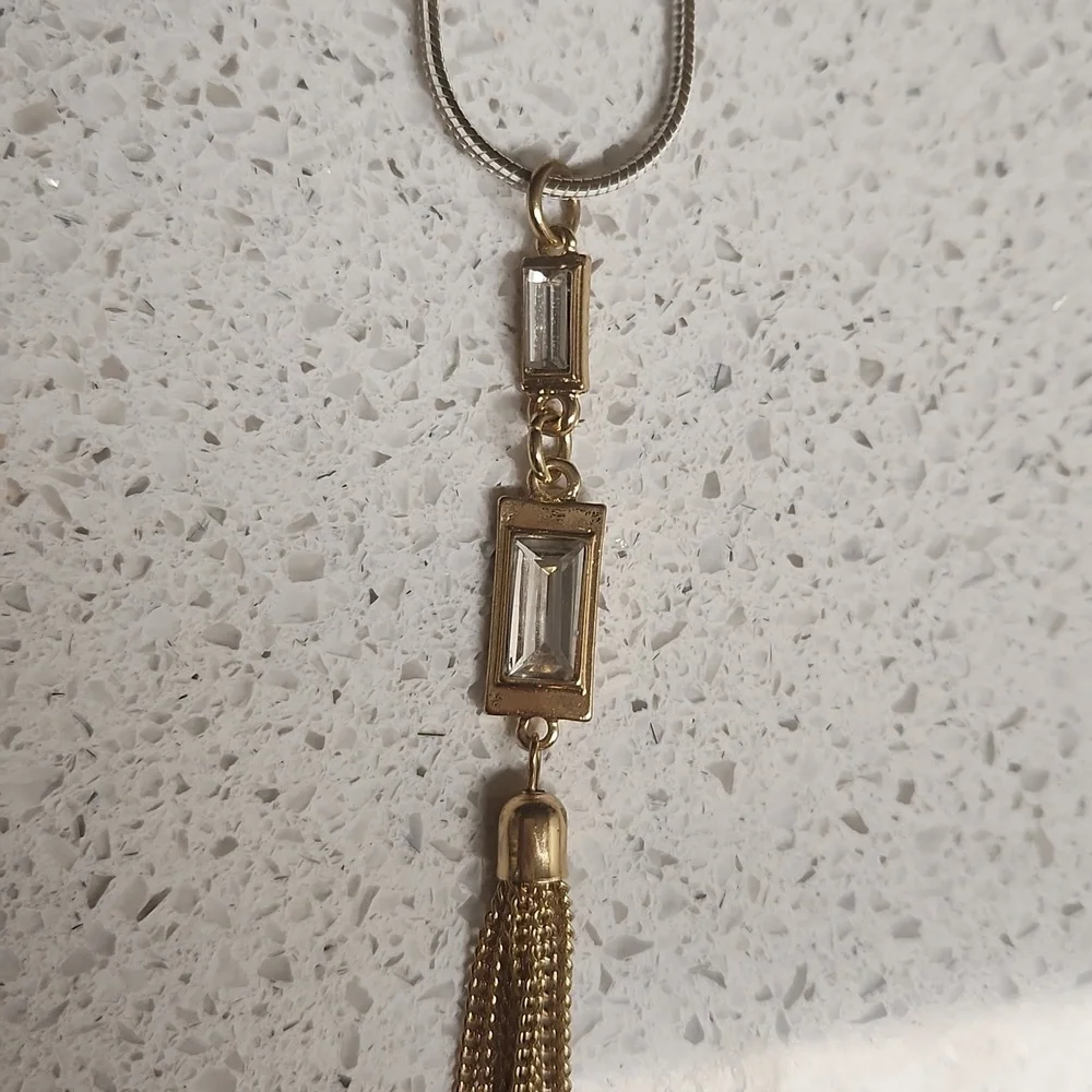 Maurices Gold & White Necklace with Tassle and Faux Diamond